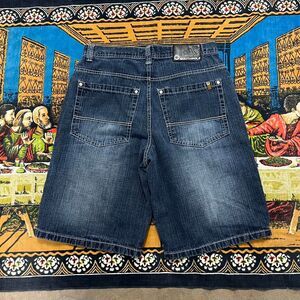 Southpole Men's Blue and Red Denim Shorts size 34 baggy y2k embroidered jorts